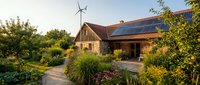 Rustic stone farmhouse with solar panels and wind turbine surrounded by lush garden at golden hour, showcasing sustainable rural living.