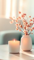 Glowing candle and dried coral flowers in white ceramic vase create serene atmosphere with soft natural lighting and gentle shadows on minimal surface.