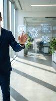Professional businessman interacting with AI technology holographic interface in modern office environment showcasing digital transformation and innovation.