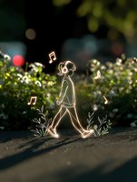Glowing line art figure walking among musical notes and floral elements on blurred natural background, creating magical atmosphere with bokeh lights and shadows.