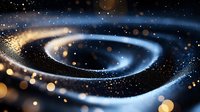 Mesmerizing spiral of glowing particles and light trails against dark space background with bokeh effects creates cosmic atmospheric composition.