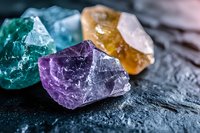 Colorful raw gemstones and crystals including amethyst, citrine and fluorite arranged on dark stone surface for healing, meditation and spiritual practices.