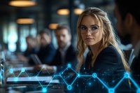 Young Caucasian businesswoman with glasses and blonde hair in corporate meeting with digital analytics overlay, showing modern business technology and data visualization.