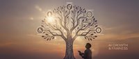 Person meditating under digital tree with AI circuit patterns at sunset representing technology growth mindfulness and artificial intelligence development.