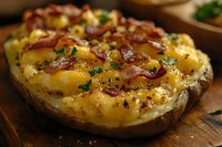 Baked potato loaded with melted cheddar cheese, crispy bacon bits, and fresh herbs on wooden surface, close-up view showing creamy texture and golden-brown top.