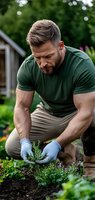 Muscular Caucasian man in green t-shirt and protective gloves planting herbs in backyard garden. Organic gardening and healthy lifestyle concept for wellness blogs.