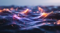 Abstract digital waves with glowing orange and purple light effects creating dynamic flowing surface with sparkles and luminous peaks against dark background.