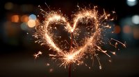 Sparkler heart shape glowing with golden sparks against blurred city lights background. Romantic celebration concept for Valentine's Day, weddings, anniversaries.