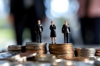 Business figures standing on stacks of coins representing financial hierarchy, investment success, and corporate wealth inequality in global economy.
