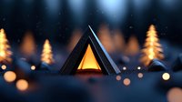 Glowing triangular tent in snowy winter forest at night with illuminated pine trees and magical bokeh lights creating cozy camping atmosphere.