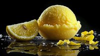 Refreshing lemon sorbet scoop with citrus slice and candied peel on dark reflective surface with water drops, dramatic lighting creates appetizing dessert mood.