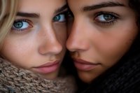 Close-up portrait of two young women with contrasting features - blonde with blue eyes and brunette with brown eyes, wearing knit scarf, showing diversity in beauty.