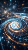 Cosmic spiral galaxy with glowing energy streams and light particles creating dynamic swirling motion against dark space background for science fiction designs.