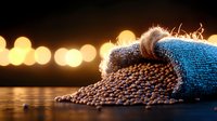 Coffee beans spilling from burlap sack on dark wooden surface with golden bokeh lights in background creating warm, cozy atmosphere for food photography.