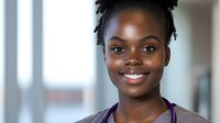 Young African American female healthcare professional wearing purple scrubs smiles warmly in hospital corridor setting, representing medical staff and patient care.