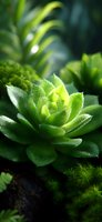 Fresh green succulent plant with water droplets on leaves against dark background, macro photography showing detailed texture and natural moisture.