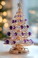 Elegant spiral Christmas tree decoration with rose gold metal and purple amethyst crystals, topped with star ornament against soft bokeh background for holiday decor.