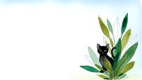 Cute black cat sitting among green tropical leaves on light background with copy space for text and design projects.
