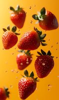 Fresh ripe strawberries floating with water drops against vibrant orange background. Dynamic food composition with levitating berries and splashing droplets.