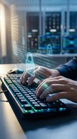Hands typing on keyboard with digital security locks and binary code overlay in modern office environment for cybersecurity and data protection concepts.