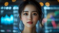 Young Asian woman with gentle expression against blurred city lights and bokeh background, soft evening lighting creates dreamy urban portrait atmosphere.