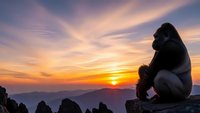 Young woman hiker sitting on mountain peak watching dramatic sunset over layered mountain ranges with golden orange sky and wispy clouds during outdoor adventure.