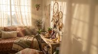 Cozy bohemian living room interior with warm sunlight, dreamcatcher wall decor, plants, wooden furniture and textiles for home design projects.