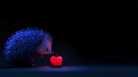 Glowing red apple with cute blue hedgehog on dark background creates magical fantasy scene. Luminous fruit adds mysterious atmosphere to whimsical animal composition.