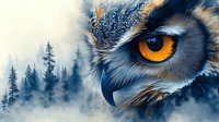 Close up of majestic owl eye with bright orange iris against misty forest background, dramatic wildlife composition showing fierce predator gaze and detailed feathers.