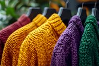Colorful knitted wool sweaters hanging on retail display rack, featuring vibrant autumn and winter colors of burgundy, yellow, purple and green. Close-up view shows detailed texture.
