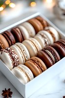 Assorted French macarons in white gift box featuring chocolate, vanilla, and caramel flavors with delicate fillings and decorative toppings, arranged in neat rows.