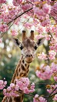 Giraffe surrounded by blooming pink cherry blossoms, looking directly at camera with soft bokeh background, spring nature wildlife portrait for greeting cards and seasonal designs.