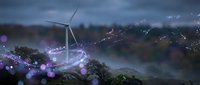 Wind turbine on misty hillside with glowing purple energy streams swirling around it, symbolizing clean renewable power and digital innovation.