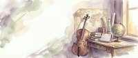 Watercolor violin on wooden desk with books and globe by window. Soft artistic style for music education, classical arts, and creative learning concepts.