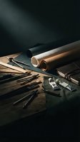 Traditional leather crafting workshop with tools, hides and materials on wooden workbench. Artisan workspace for handmade goods production and leatherwork projects.