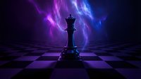 Black chess king piece on checkered board with dramatic purple and blue lightning energy swirls creating mystical atmosphere for strategic gaming concepts.