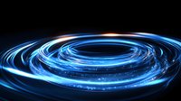 Glowing blue spiral light trails create dynamic motion effect against black background, radiating energy and technology concept for modern designs and backgrounds.