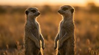 Two meerkats standing upright in golden sunset light, alert and watchful in their natural habitat during warm evening hours in African wilderness.