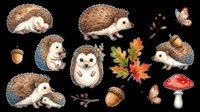 Hedgehog collection with autumn elements isolated on transparent background, ready for t-shirt design, clipart, stickers, sublimation and print-on-demand projects.