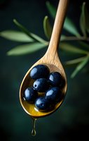 Fresh black olives on wooden spoon with dripping olive oil against dark background with green leaves, dramatic food photography for culinary design.