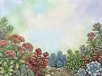 Colorful succulent garden border frame with various cacti and desert plants on soft watercolor background for botanical design projects.