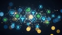 Digital healthcare technology network with medical icons and hexagonal interface elements on dark bokeh background for modern medicine concepts.
