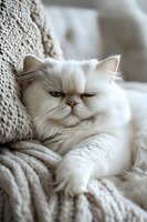 White Persian cat with grumpy expression lounging on cozy knitted beige sweater, showing sleepy, displeased face. Soft natural lighting creates warm, intimate mood.
