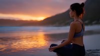 Young athletic woman in sportswear meditating on beach at sunset, silhouette against golden sky and ocean waves, peaceful mindfulness practice outdoors.