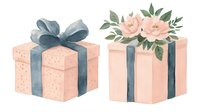 Watercolor gift boxes in blush pink with navy blue ribbons and delicate rose decorations, romantic present illustration for celebration designs.