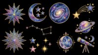 Celestial clipart set with stars, moon, galaxy, planet, constellation, and telescope, isolated on transparent background. Ready for stickers, t-shirt design, and print on demand.