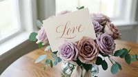 Elegant bouquet of dusty purple and mauve roses in a glass vase with a calligraphy love card, perfect for wedding and romance themes.