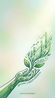 Green organic career growth concept with rising bar charts emerging from natural leaf branch on gradient background for business presentations.