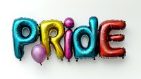 Colorful foil balloon letters spelling PRIDE in vibrant turquoise, yellow, pink and red colors with additional latex balloons on light background. Pride celebration concept.