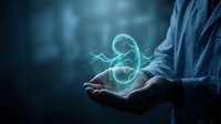 Businessman holding glowing holographic number 8 symbol in cupped hands against dark blue background for digital technology and business concepts.